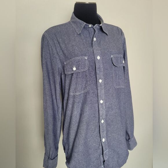 44MM Button Down Shirt Blouse Women's Medium Two Pockets Blue Chambray Cotton - Picture 12 of 14
